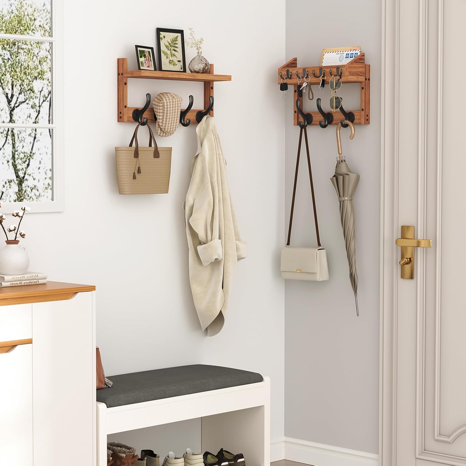 29" Coat Rack Wall Mount with Shelf, 4 in 1 Wall Mounted Coat