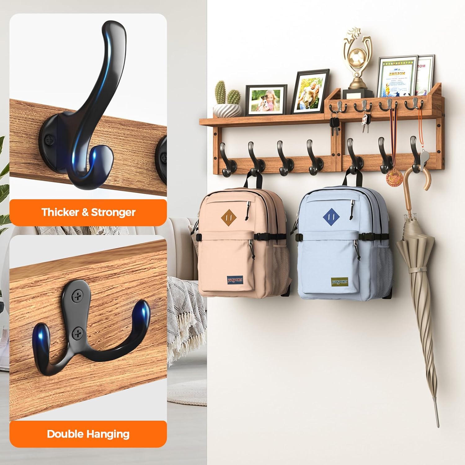 29" Coat Rack Wall Mount with Shelf, 4 in 1 Wall Mounted Coat