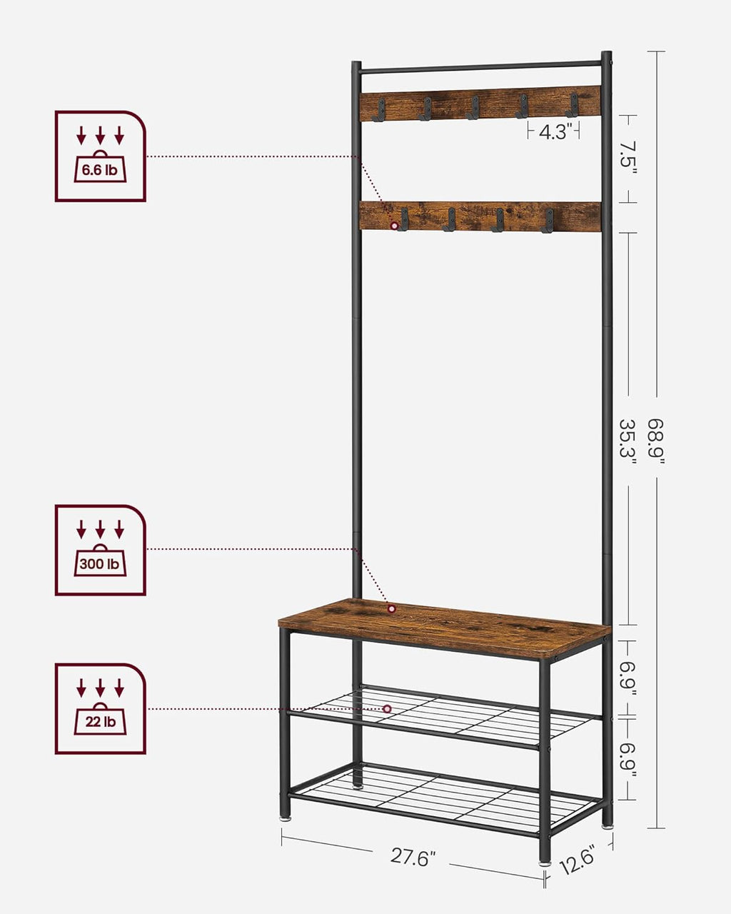 Coat Rack, Hall Tree with Shoe Storage Bench