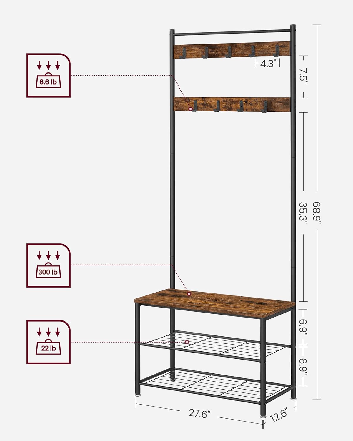 Coat Rack, Hall Tree with Shoe Storage Bench