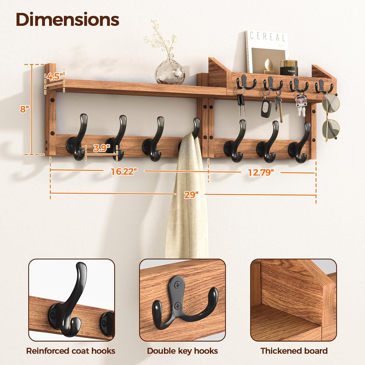 29" Coat Rack Wall Mount with Shelf, 4 in 1 Wall Mounted Coat