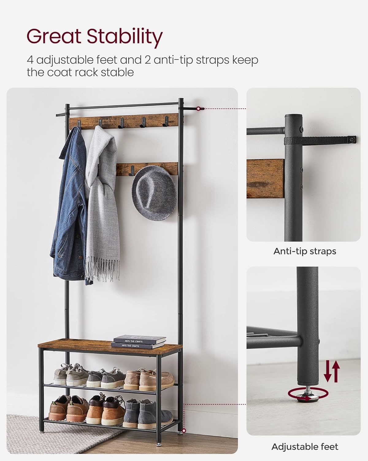Coat Rack, Hall Tree with Shoe Storage Bench