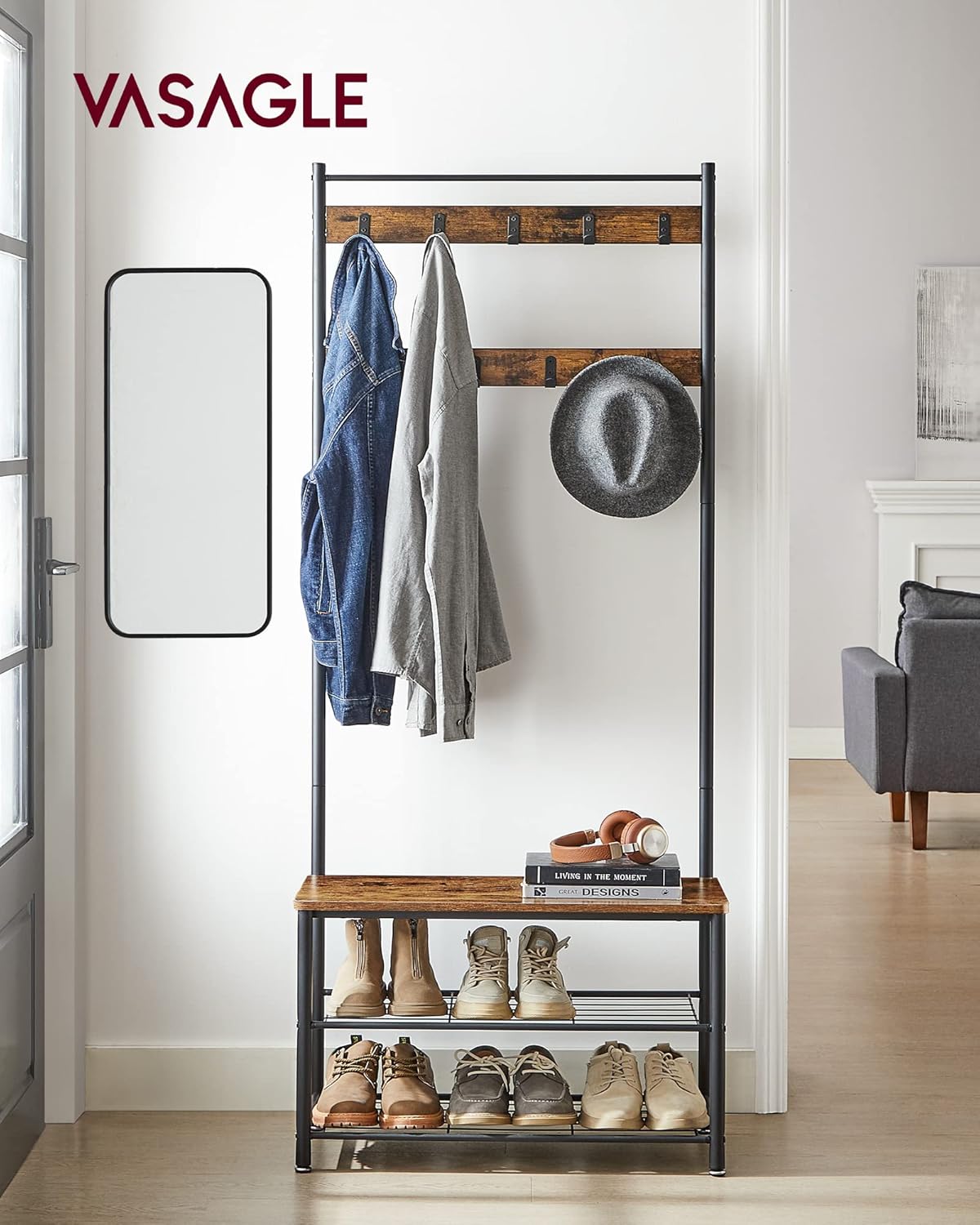 Coat Rack, Hall Tree with Shoe Storage Bench