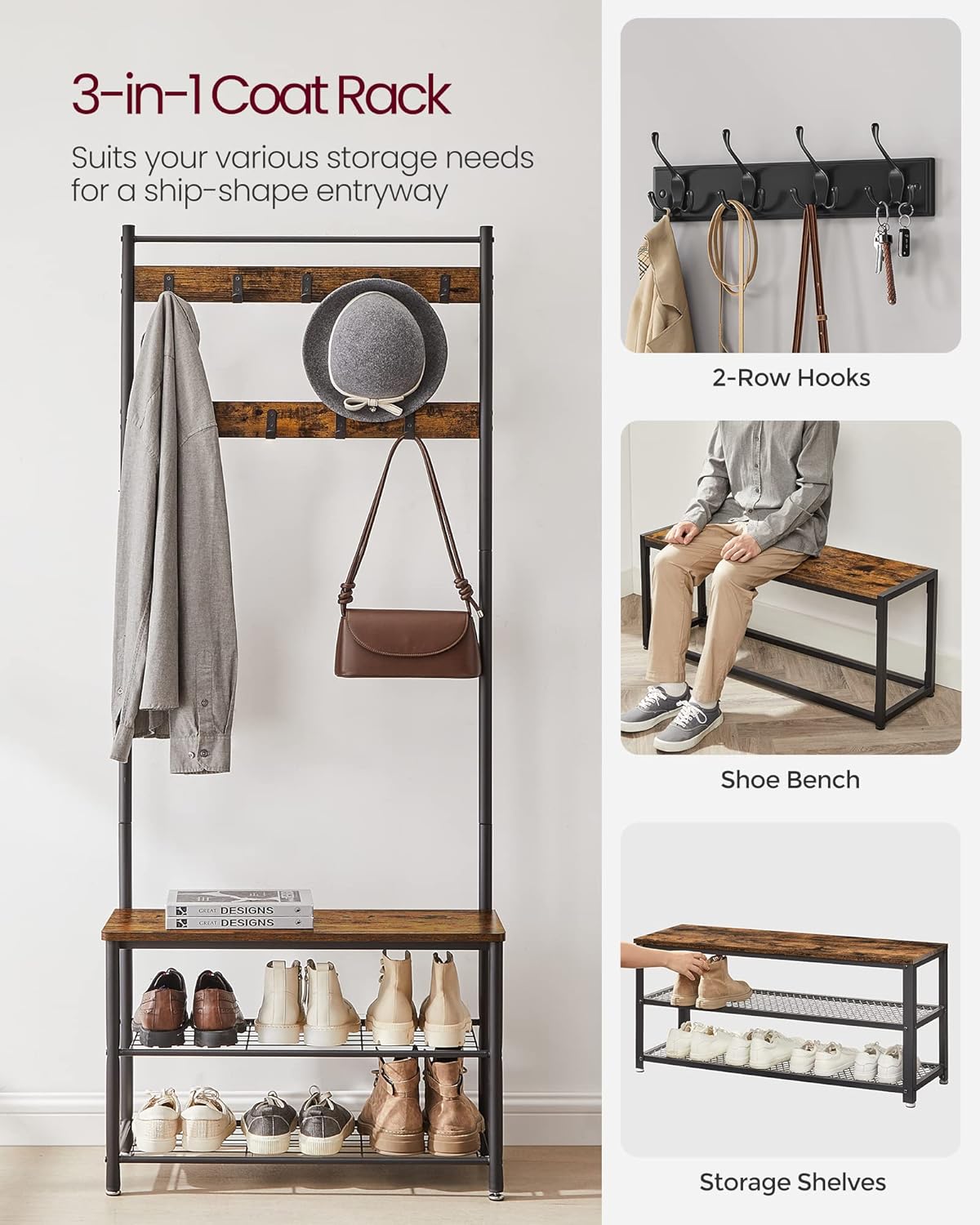 Coat Rack, Hall Tree with Shoe Storage Bench
